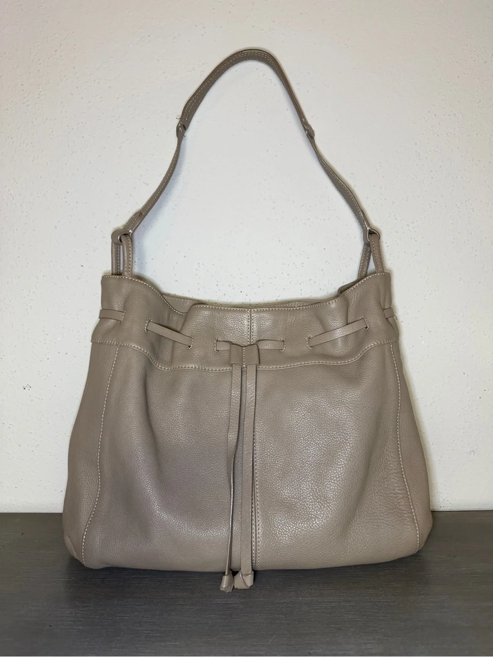 J. Jill Taupe Pebbled Leather Drawstring Bucket Bag Shoulder Purse Handbag